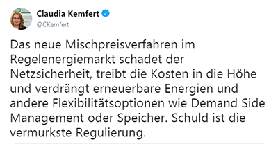 Dr Claudia Kemfert zum Mischpreisverfahren auf dem Regelenergiemarkt bei Twitter